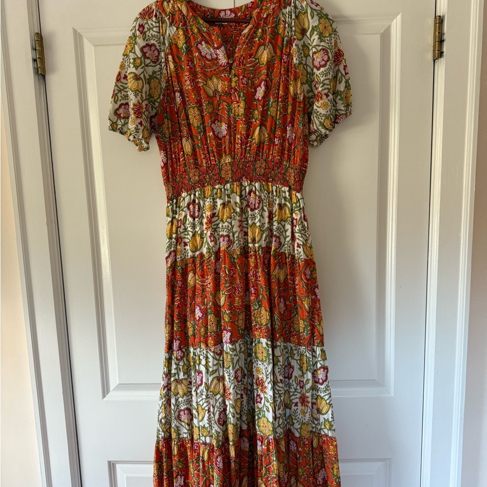 Maijic Floral Print Midi Dress in Orange and Green